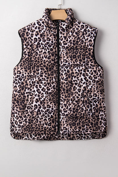Brown Leopard Quilted Full Zipper Casual Puff Vest