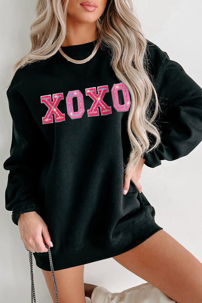 Black Valentine Shiny XOXO Letter Graphic Sweatshirt