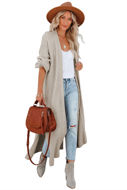 Beige Cable Knit Side Slits Open Front Duster Cardigan