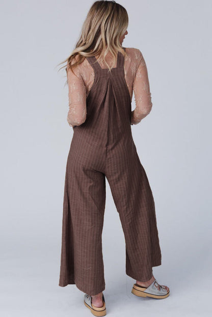 Brown Striped Pleated Pockets Wide Leg Jumpsuit