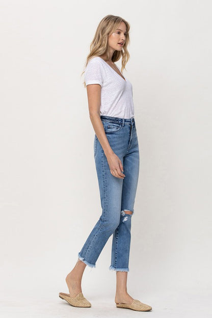 KNEE SLIT FREY HEM CROP STRAIGHT