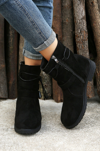 Black Faux Suede Zip Up Buckle Straps Ankle Boots