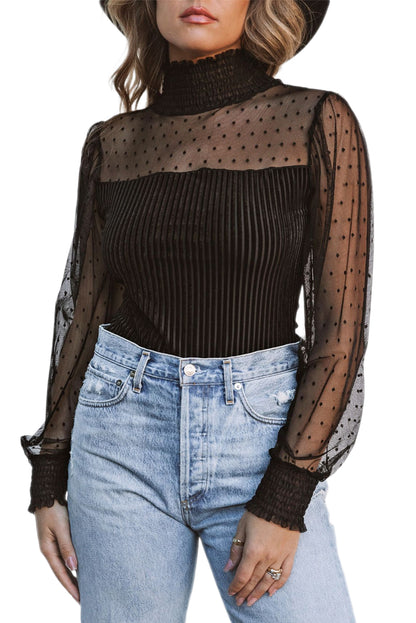 Black Sexy Sheer Dotty Puff Sleeve Ribbed Velvet Bodysuit