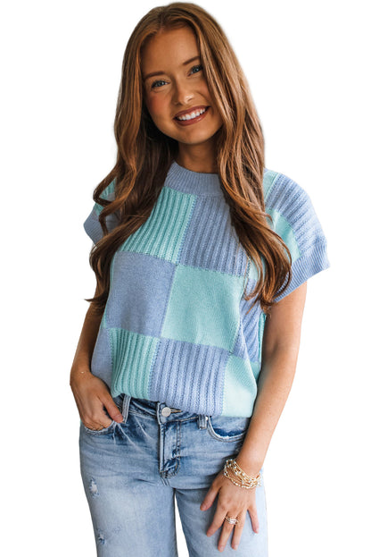 Light Blue Checkered Color Block Crew Neck Short Sleeve Sweater