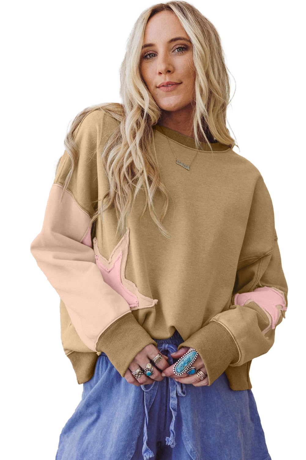 Sage Green Star Patchwork Exposed Seam Uneven Hem Sweatshirt