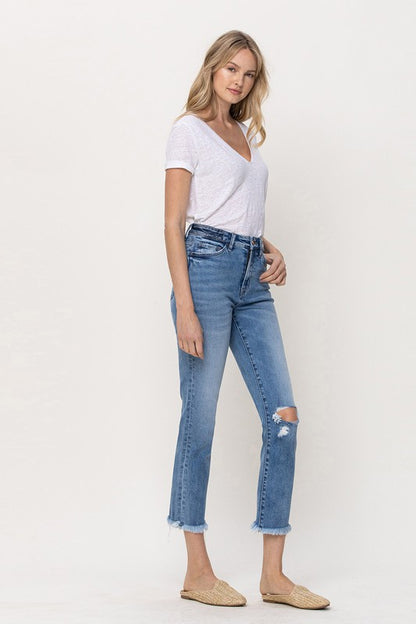 KNEE SLIT FREY HEM CROP STRAIGHT