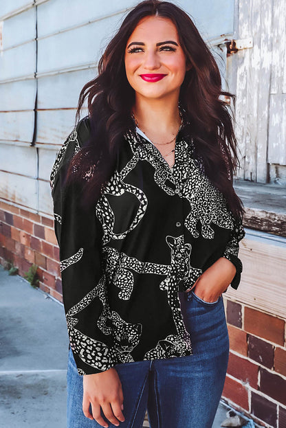 Black Cheetah Print Long Sleeve Satin Shirt