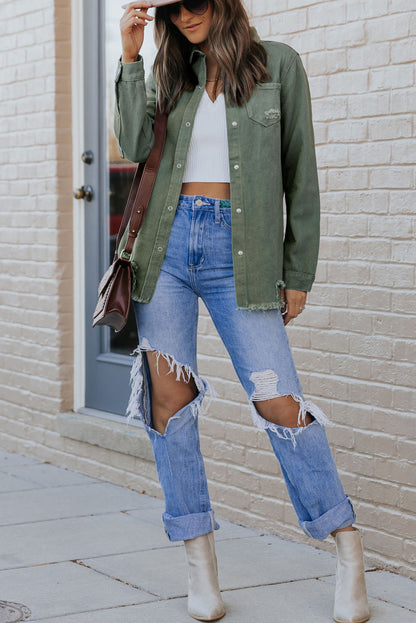 Light Blue Ripped Raw Hem Casual Button Up Denim Jacket