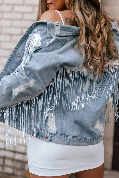 Blue Sequined Fringe Distressed Button Up Denim Jacket