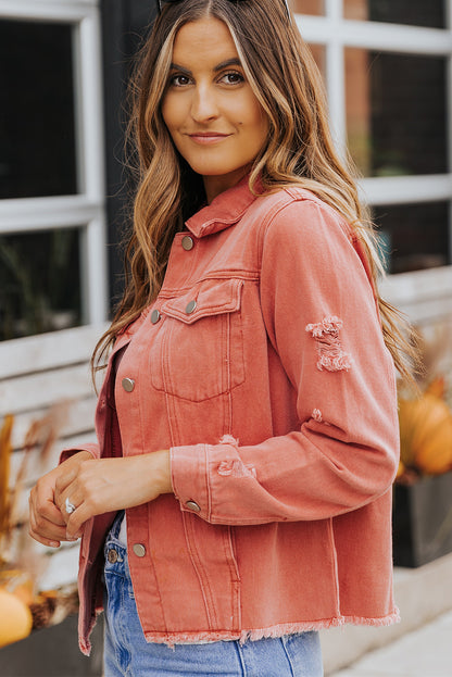 Red Distressed Raw Hem Pocket Buttons Denim Jacket