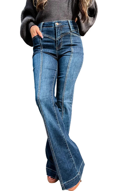 High Waist Seam Stitching Pocket Flare Jeans