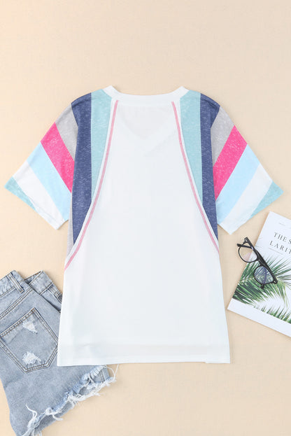 Pink Stripe Patchwork V Neck T Shirt