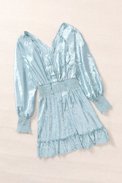 Split Sleeves Smocked Waist Leopard Satin Dress