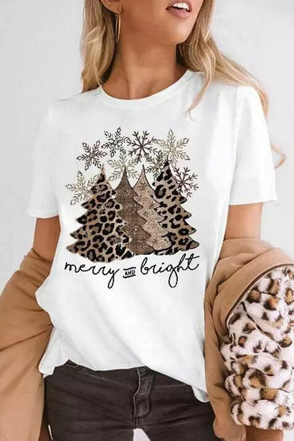 Black Leopard Christmas Tree Heat Transfer Printing Crew Neck Graphic T Shirt