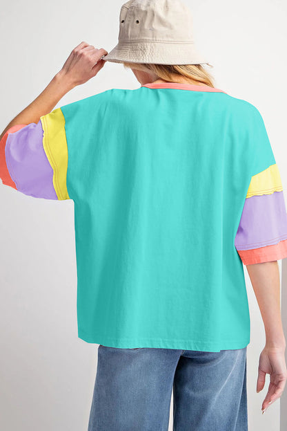 Light Blue Color Block Sleeve Round Neck Oversize Top