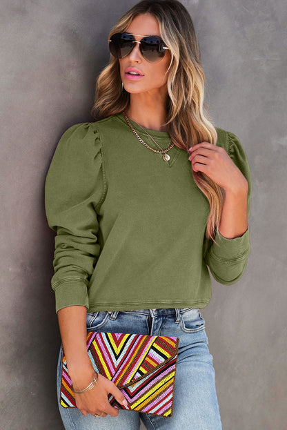 Green Vintage Washed Puff Sleeve Sweatshirt