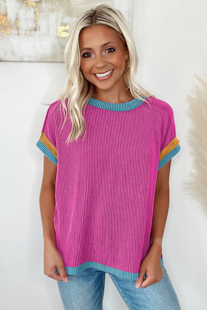 Bright Pink Textured Contrast Color Round Neck T Shirt