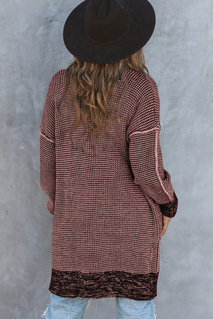 Rose Plaid Contrast Trim Casual Knit Long Cardigan