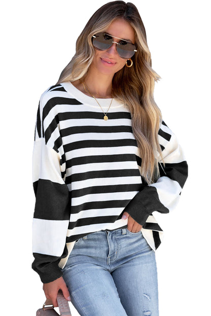 Blue Striped Casual Drop Shoulder Pullover Sweatshirt