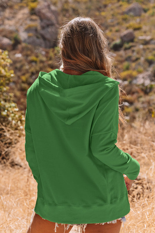 Light Blue Casual Batwing Sleeve Pocket Henley Hoodie