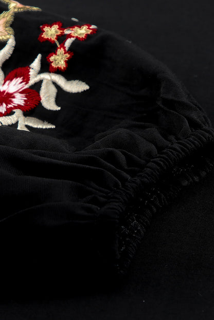 Black Flower Embroidered Jewel Neckline Long Sleeve Shirt