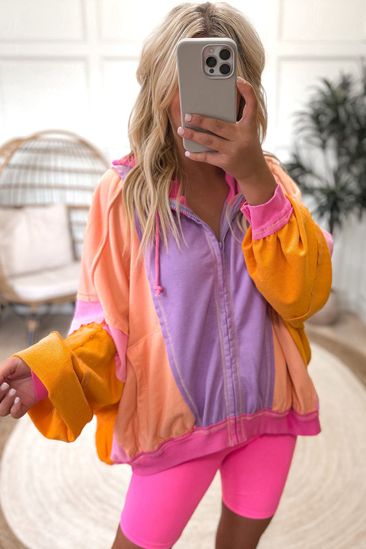 Grapefruit Orange Oversized Colorblock Patchwork Full Zipped Hoodie