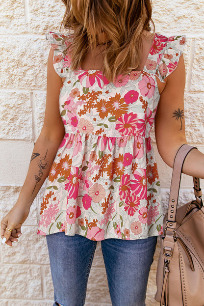 Purple Floral Print Flowy Flutter Sleeveless Shirt