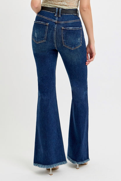 RISEN Tummy Control Frayed Hem Flare Jeans