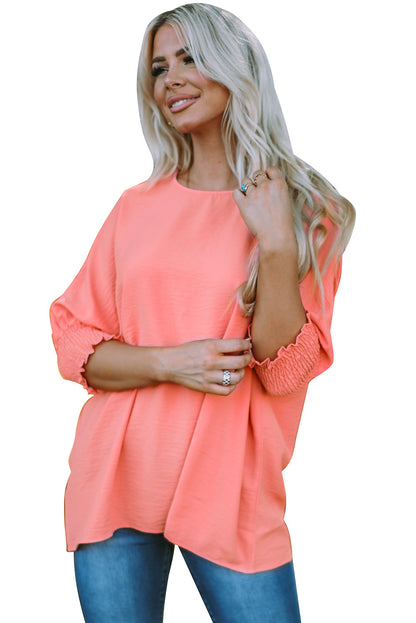 Rosy Solid Casual Smocked Cuffs Top