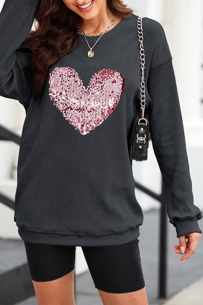 Black Corded Sequin Heart Graphic Crewneck Sweatshirt