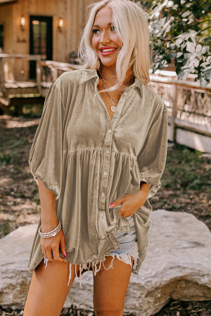 Chestnut Lantern Sleeve Tunic Babydoll Velvet Shirt