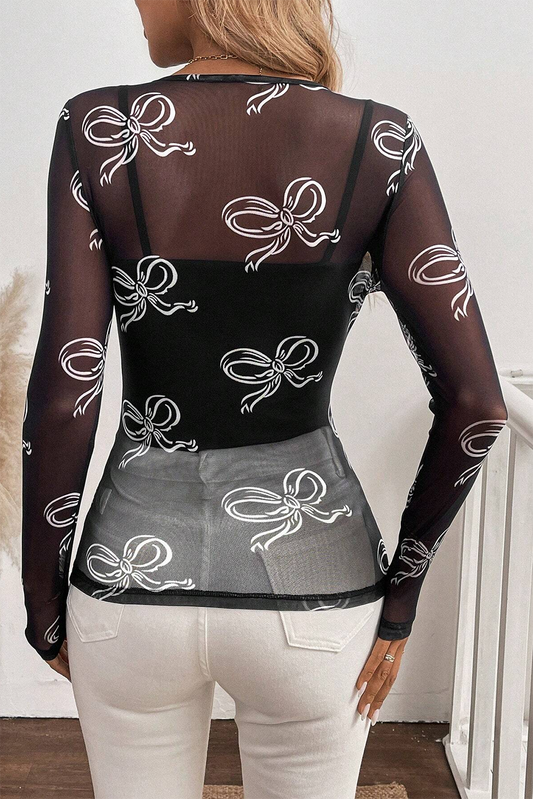 Black Bow Print Long Sleeve Mesh Top