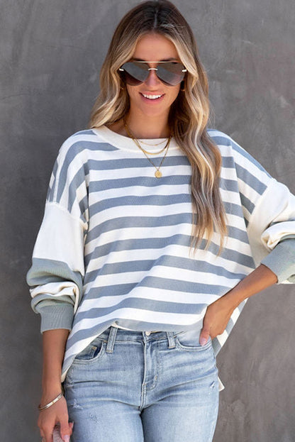 Blue Striped Casual Drop Shoulder Pullover Sweatshirt