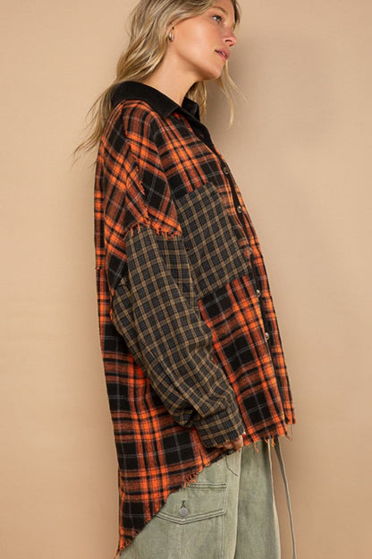 POL Plaid Contrast Long Sleeve Raw Hem Shacket with Chest Pockets