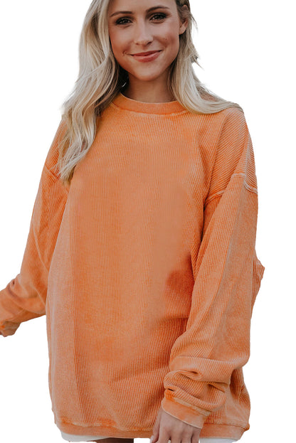 Orange Plain Drop Sleeve Rib-Knit Oversized Sweatshirt