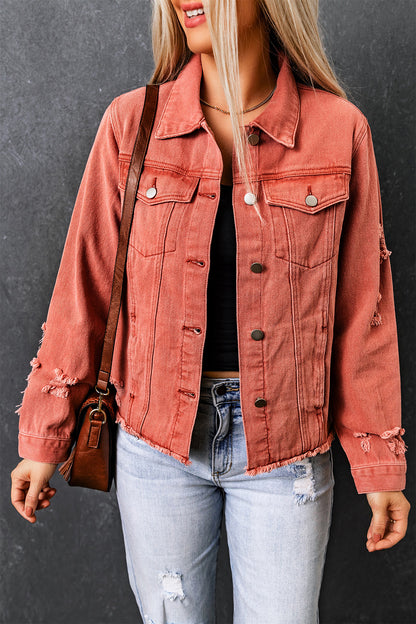 Red Distressed Raw Hem Pocket Buttons Denim Jacket