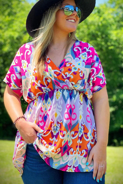 Multicolour Dreamy Abstract Print Wrap V Neck Plus Babydoll Blouse