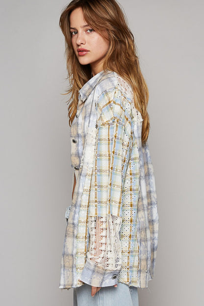 POL Long Sleeve Embroidered Crochet Plaid Shirt