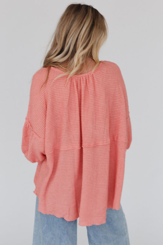 Pink Waffled Bracelet Sleeve Oversized Henley Top