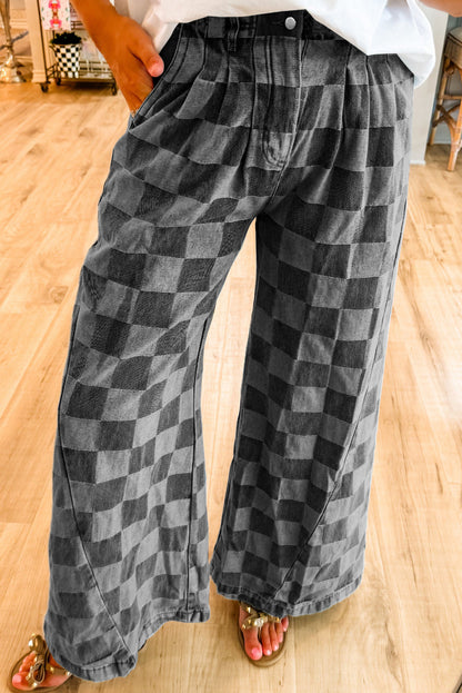 Dark Grey Checkered Light Washed Wide Leg Jeans