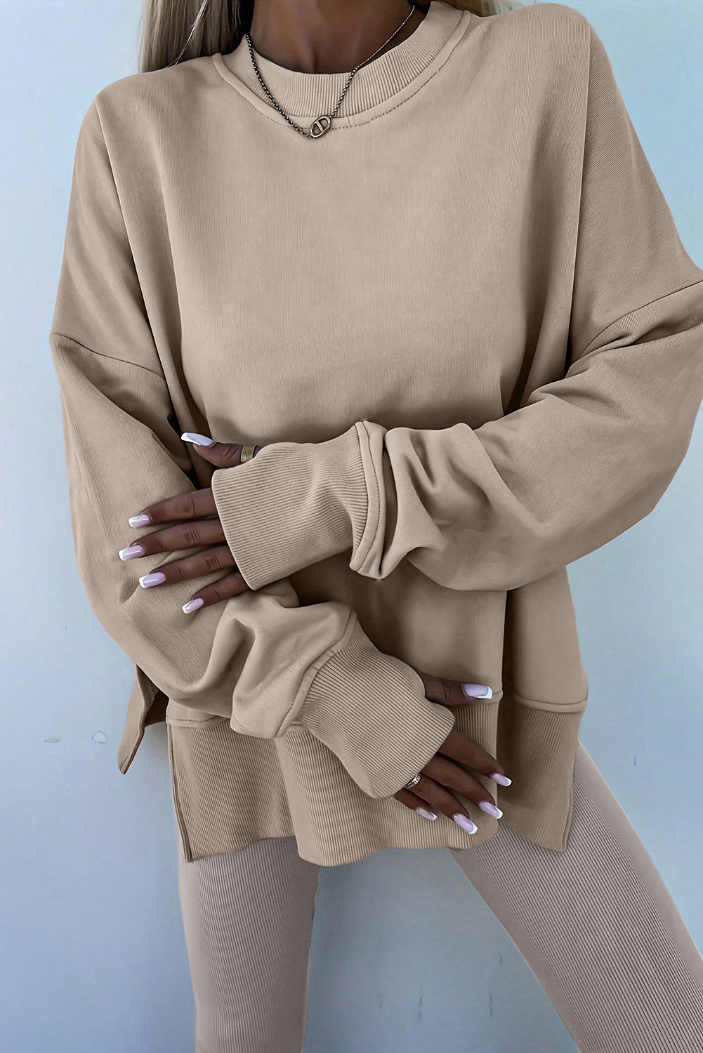 Orchid Mist Solid Color Oversized Slit Sweatshirt Ribbed Leggings Set