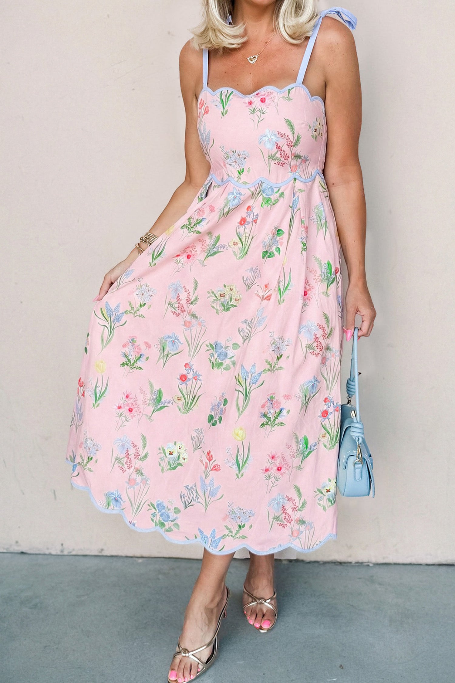 Yellow Floral Print Contrast Trim Self-tie Straps High Waist Midi Dress