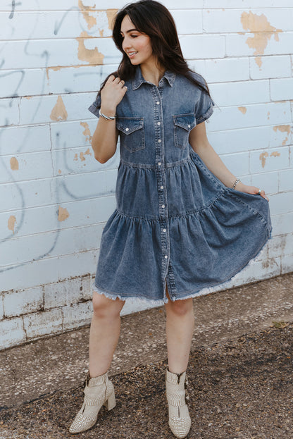 Gray Button Up Short Sleeve Denim Shirt Dress