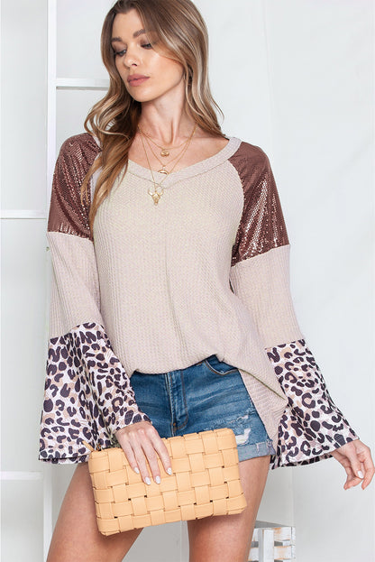 Leopard Sequin Patchwork Bell Sleeve V Neck Tunic Top