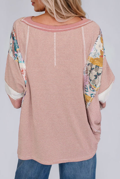 Sky Blue Striped and Floral Patchwork Oversized Top