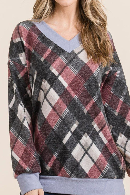 Celeste Plaid V-Neck Long Sleeve T-Shirt