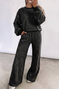 Black Stripe Cozy Terry Knit Long Sleeve Pullover Pocketed Shift Pants 2pcs Sets