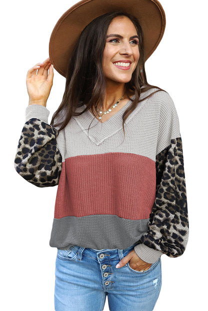 Leopard Print Color Block V Neck Waffle Knit Long Sleeve Top