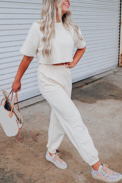 Rose Red Textured Cropped Tee and Jogger Pants Set