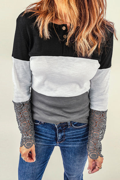 Color Block Ribbed Lace Crochet Sleeves Henley Shirt for Women